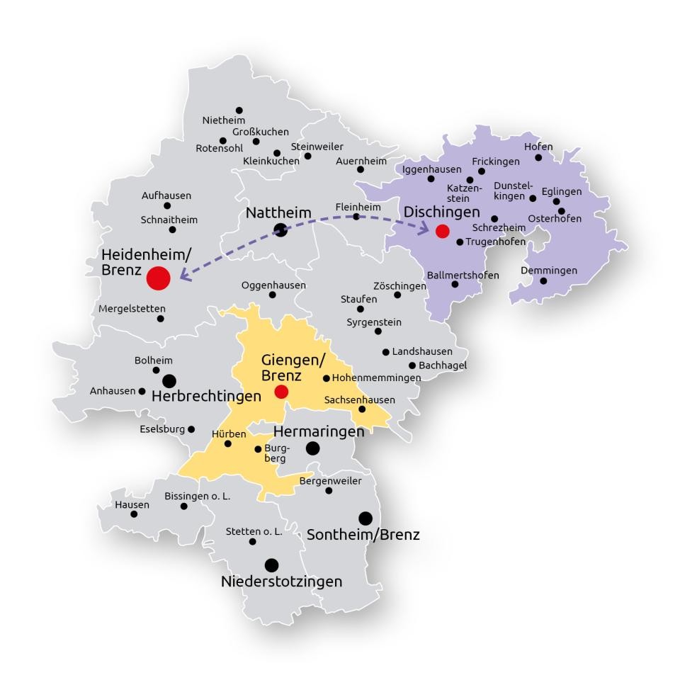 Karte Landkreis Heidenheim mit farblich markierten Pilotgebieten